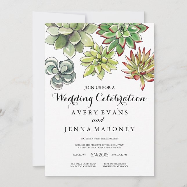 Elegant Succulent Plant Art Wedding Invitation (Front)