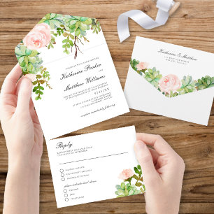 Elegant Succulent Rose Garden Boho Wedding All In One Invitation