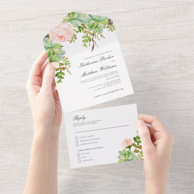 Elegant Succulent Rose Garden Boho Wedding All In One Invitation (Tearaway)