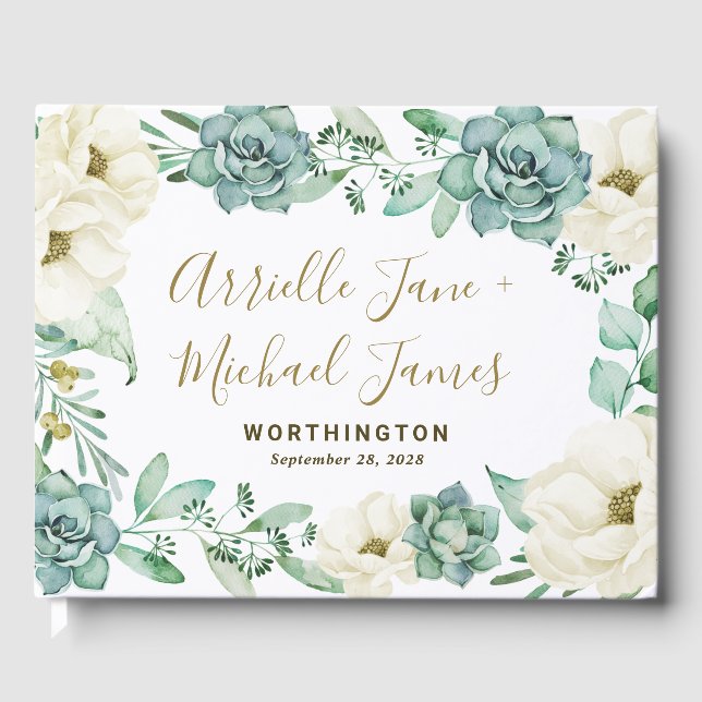 Elegant Succulent Watercolor Floral Guest Book (Front)