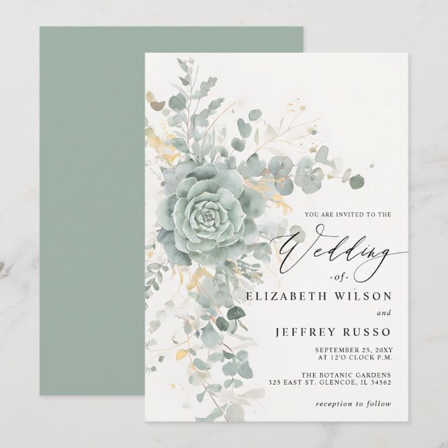 Elegant Succulents Gold Greenery Wedding  Invitation (Front/Back)