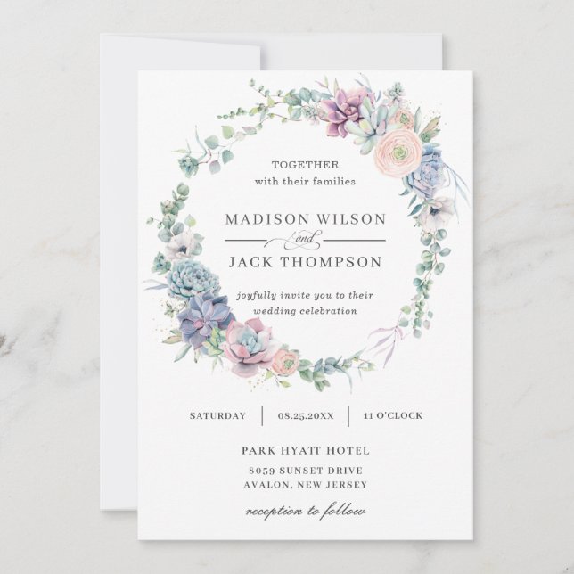 Elegant Succulents Greenery Floral Wreath Wedding Invitation (Front)