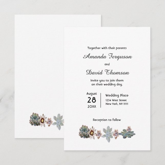 Elegant succulents on white wedding invitation (Front/Back)