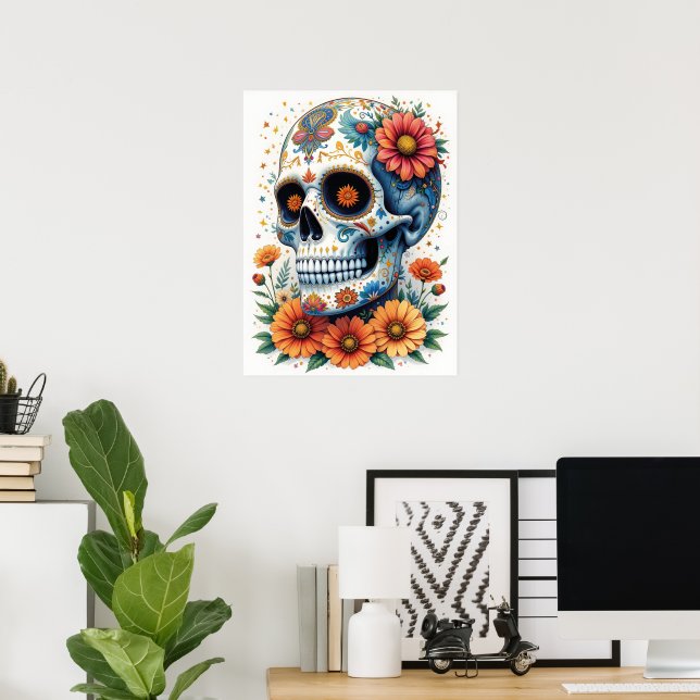 Elegant Sugar Skull with Flowers  Poster (Home Office)