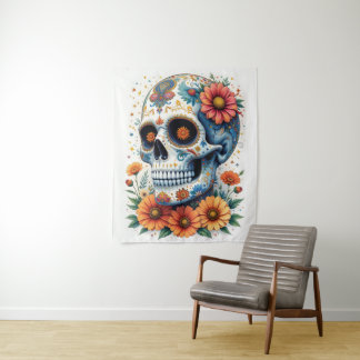 Elegant Sugar Skull with Flowers  Tapestry