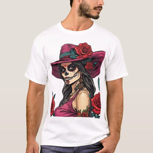Elegant Sugar Skull Woman - Día de los Muertos T-Shirt (Front)