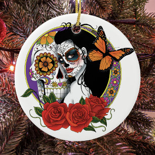 Elegant Sugar Skulls Monarch Red Roses Art Nouveau Ceramic Tree Decoration
