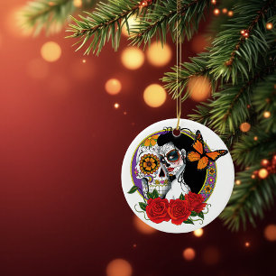 Elegant Sugar Skulls Monarch Red Roses Art Nouveau Ceramic Tree Decoration