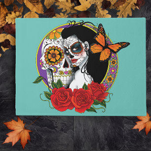 Elegant Sugar Skulls Monarch Red Roses Art Nouveau Doormat