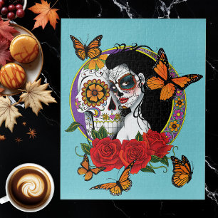 Elegant Sugar Skulls Monarch Red Roses Art Nouveau Jigsaw Puzzle