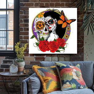 Elegant Sugar Skulls Monarch Red Roses Art Nouveau Poster