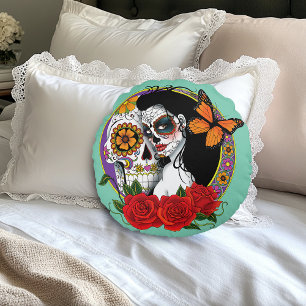 Elegant Sugar Skulls Monarch Red Roses Art Nouveau Round Cushion