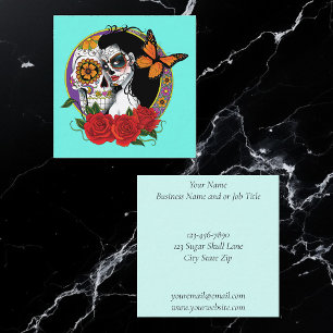 Elegant Sugar Skulls Monarch Red Roses Art Nouveau Square Business Card