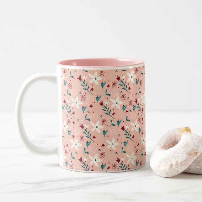 Elegant Summer Cute  froral  Pink   Two-Tone Coffee Mug (With Donut)