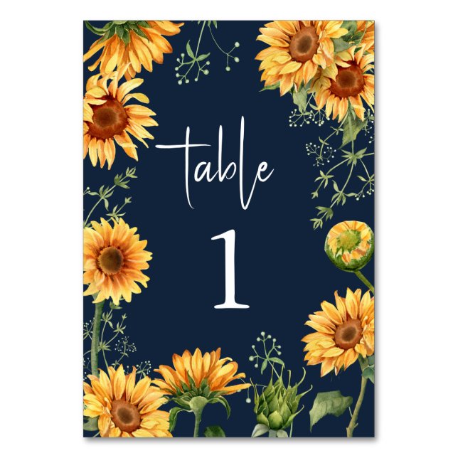 Elegant Summer Fall Sunflower Floral Wedding Table Number (Front)