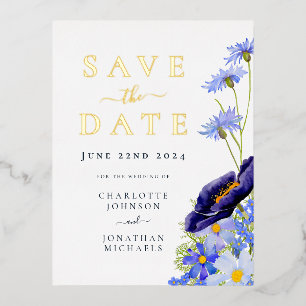 Elegant Summer Floral Blue Gold Wedding Foil Invitation Postcard