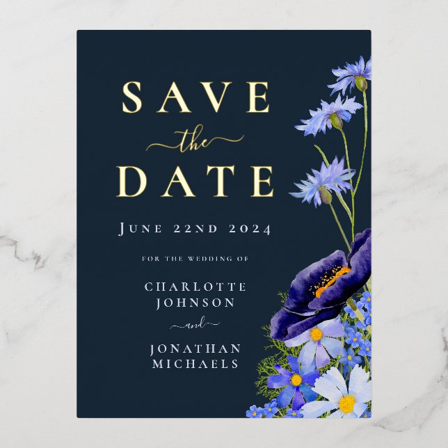 Elegant Summer Floral Blue Gold Wedding Foil Invitation Postcard (Front)