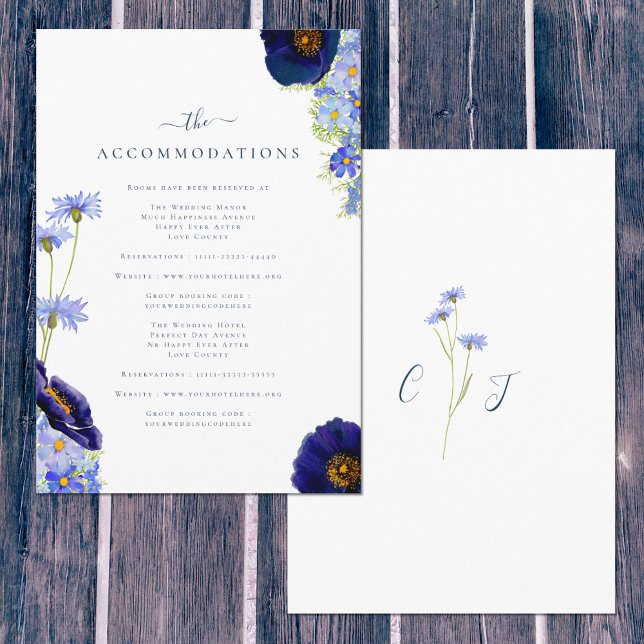 Elegant Summer Floral Blue Wedding Accommodations  Enclosure Card (Elegant wildflower floral blue original artwork by artist Catherine Sweetman )