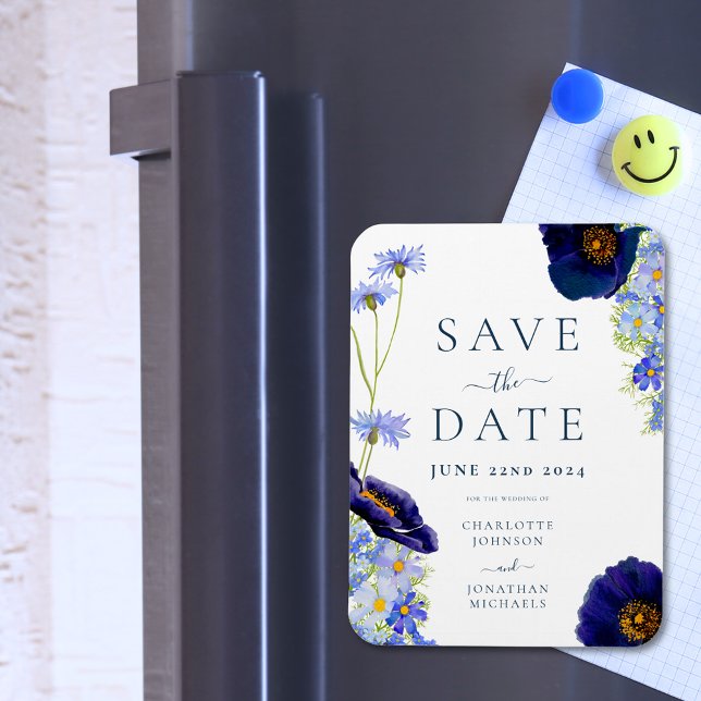 Elegant Summer Floral Blue Wedding Magnet (Elegant wildflower watercolor blue summer floral wedding save the date invitation fridge magnet)