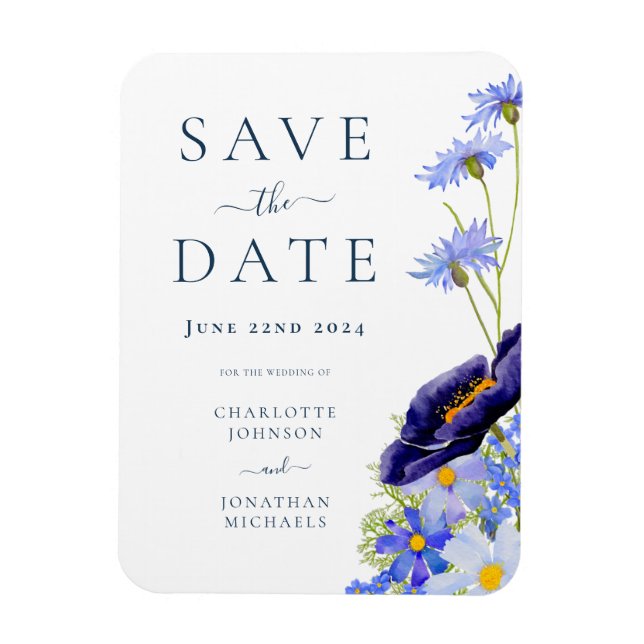 Elegant Summer Floral Blue Wedding Magnet (Vertical)