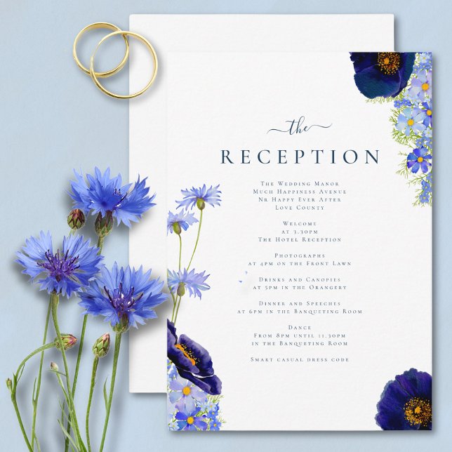 Elegant Summer Floral Blue Wedding Reception Enclosure Card (Elegant wildflower watercolor summer floral blue wedding reception card with modern typography )
