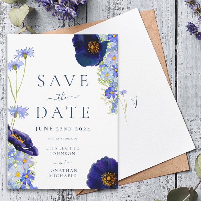 Elegant Summer Floral Blue Wedding Save The Date (Modern wildflower blue floral wedding save the date invitation with stylish typography script )