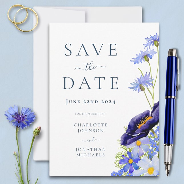 Elegant Summer Floral Blue Wedding Save The Date (Modern wildflower blue wedding save the date invitation with elegant typography script )