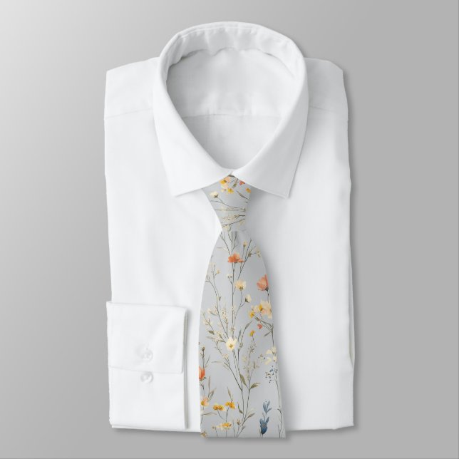 Elegant Summer Floral on Light Grey Tie (Tied)