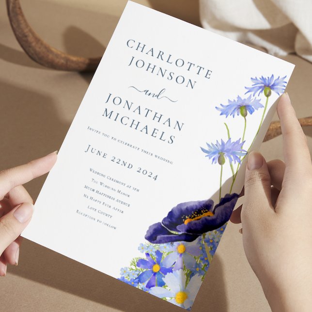Elegant Summer Floral Wildflower Blue Invitation (Blue watercolor wildflower summer floral wedding invitation with elegant typography script)