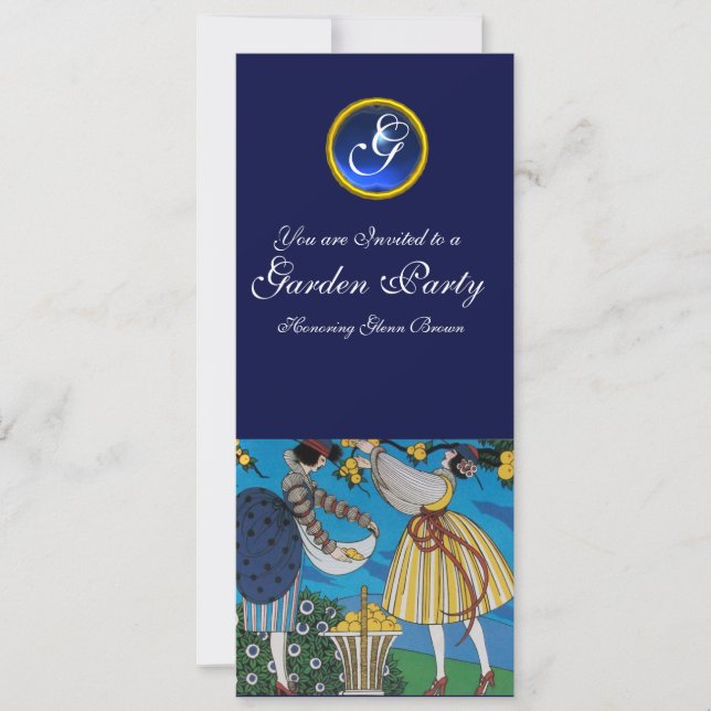 ELEGANT SUMMER GARDEN PARTY ,SAPPHIRE GEM MONOGRAM INVITATION (Front)
