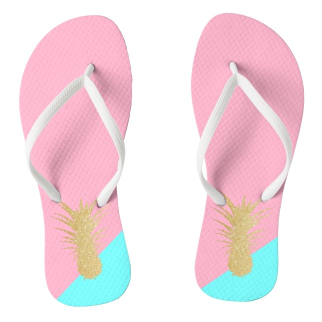 elegant summer gold glitter pineapple pink mint flip flops (Footbed)