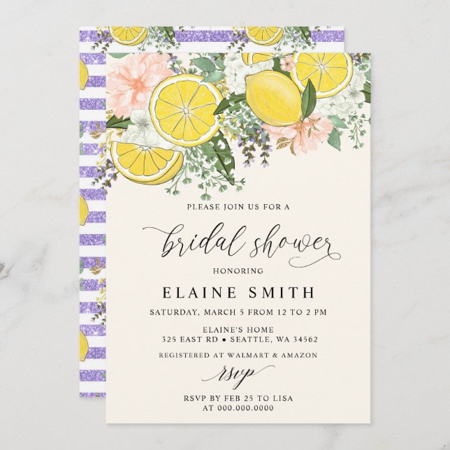 Elegant Summer Lemon Lime Citrus Bridal Shower  Invitation (Front/Back)
