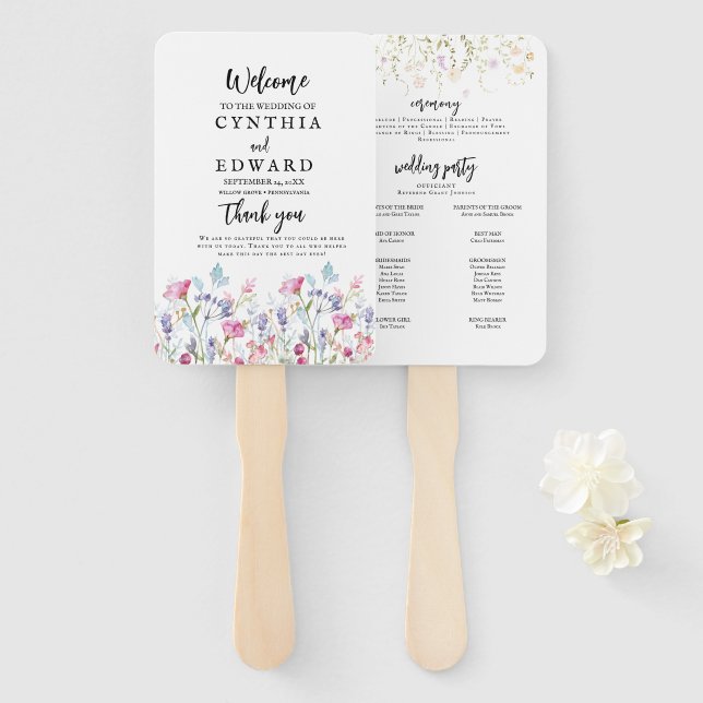 Elegant Summer Meadow Wildflowers Wedding Hand Fan (Front and Back)