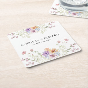 Elegant Summer Meadow Wildflowers Wedding Square Paper Coaster