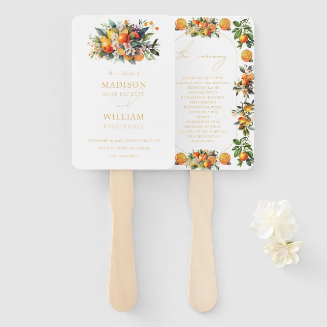 Elegant Summer Orange Fruit Wedding Program Hand Fan (Front and Back)