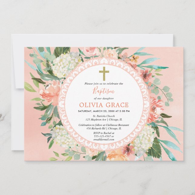Elegant summer peach floral Baptism girl Invitation (Front)