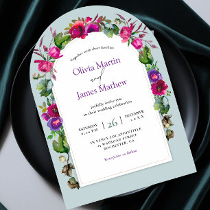 Elegant summer pink purple flowers wedding arch invitation