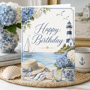 Elegant Summer Seaside & Hydrangeas Happy Birthday Card