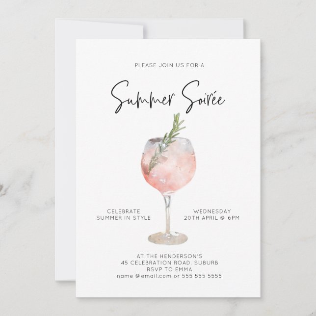 Elegant Summer Soiree Drinks Cocktail Party Pink Invitation (Front)