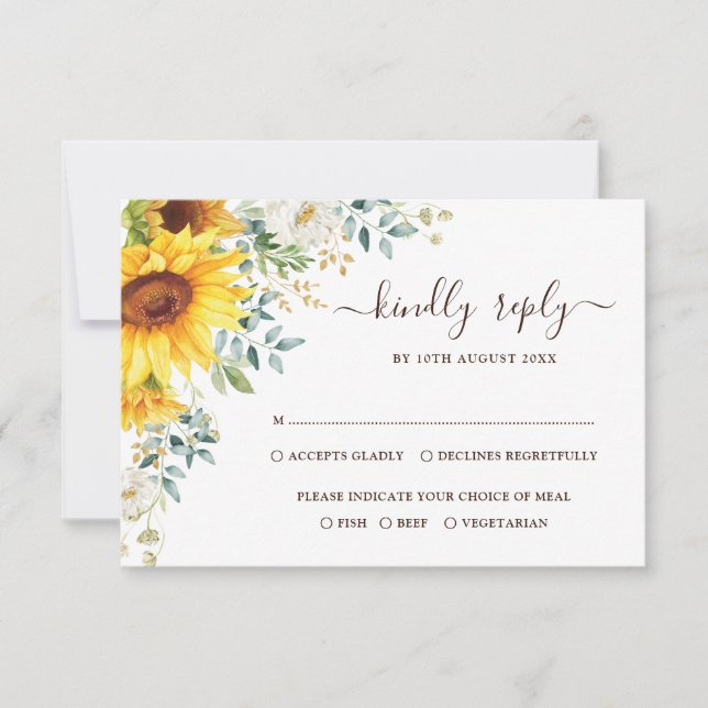 Elegant Summer Sunflowers Greenery Wedding RSVP Card (Front)