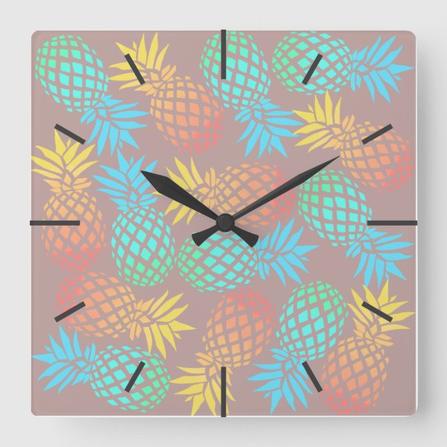elegant summer tropical colourful pineapple square wall clock (Front)