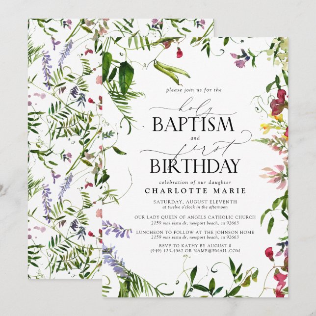 Elegant Summer Wildflower Baptism 1st Birthday Invitation (Front/Back)