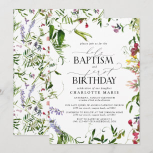 Elegant Summer Wildflower Baptism 1st Birthday Invitation
