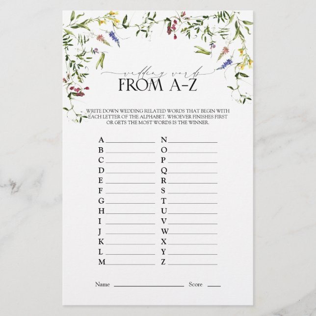 Elegant Summer Wildflower Bridal Shower Game (Front)