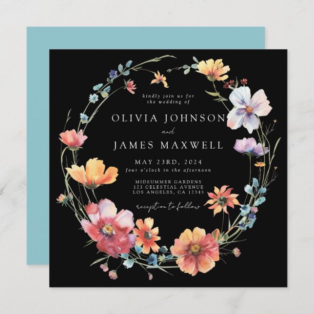 Elegant Summer Wildflower Square Black Wedding Invitation (Front/Back)