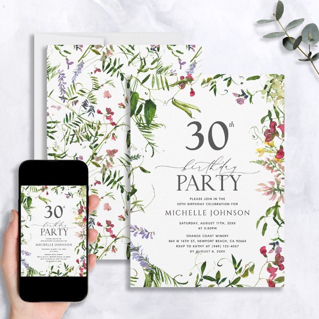 Elegant Summer Wildflower Watercolor 30th Birthday Invitation (Creator Uploaded)