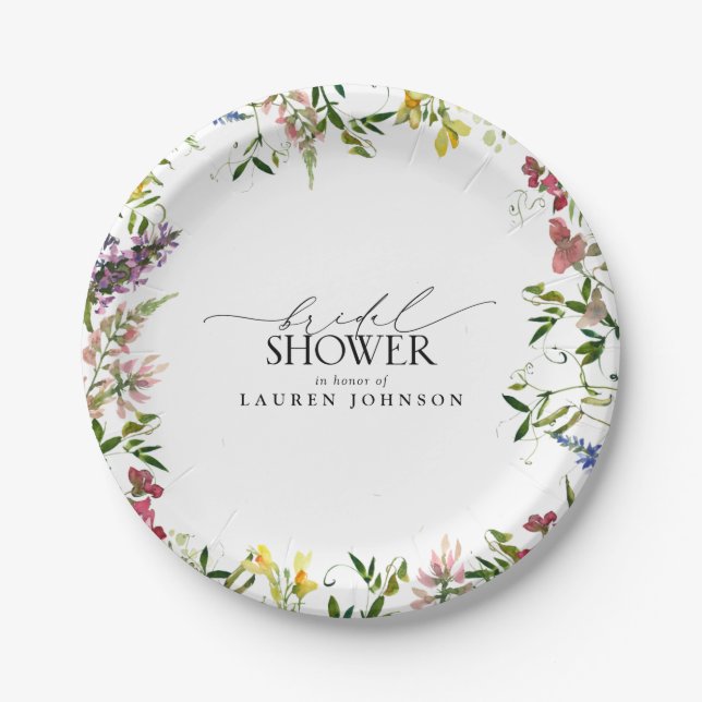 Elegant Summer Wildflower Watercolor Bridal Shower Paper Plate (Front)