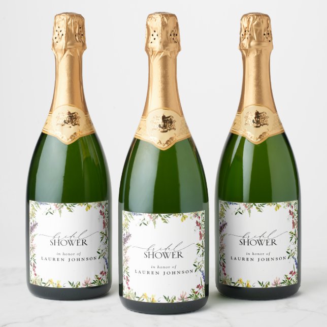 Elegant Summer Wildflower Watercolor Bridal Shower Sparkling Wine Label (Bottles)