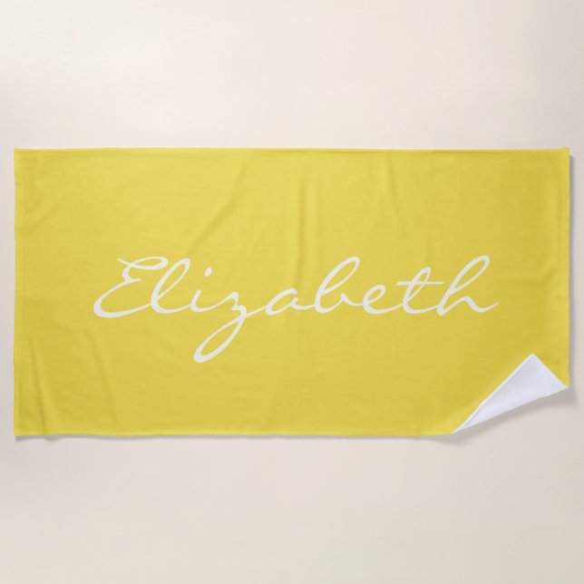 Elegant Summer Yellow Handwritten Script Name   Beach Towel (Front)