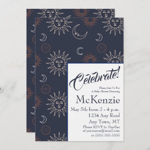 Elegant Sun and Moon on Blue Celestial Baby Shower Invitation